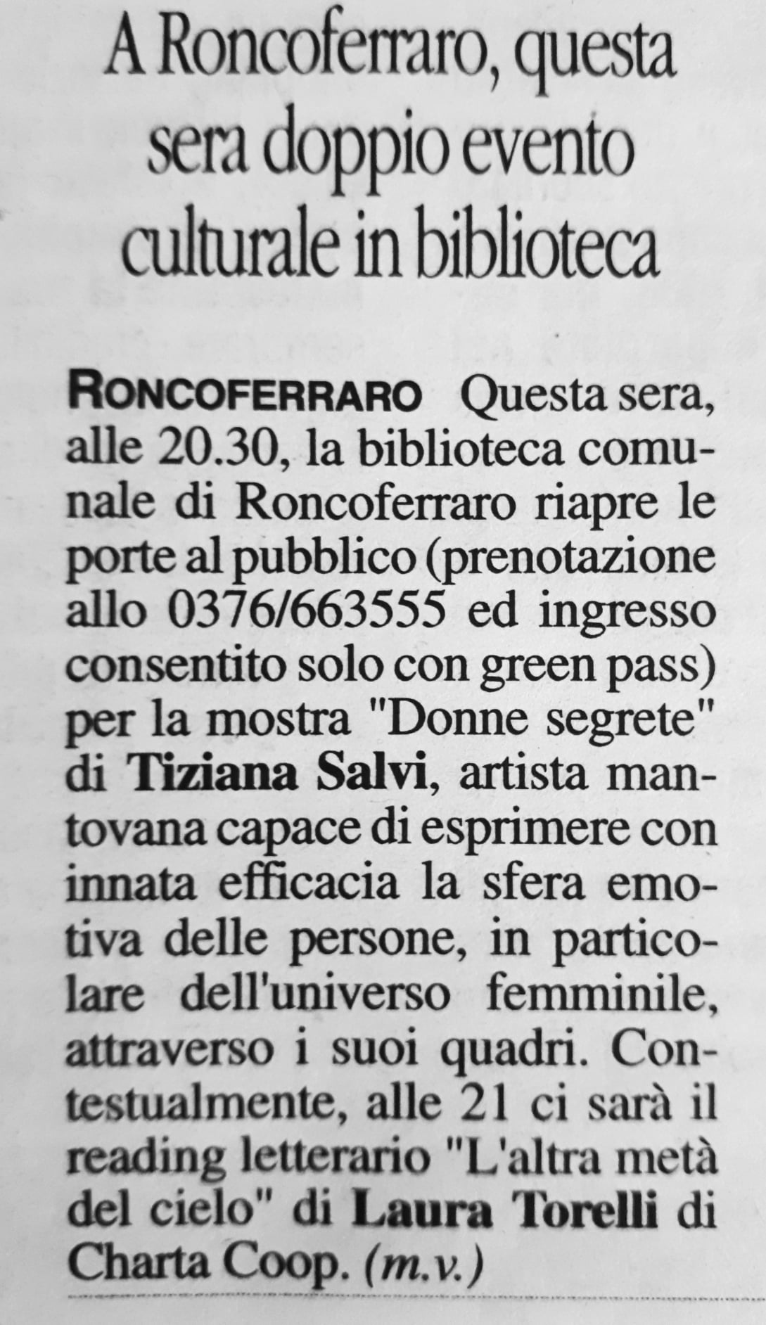 Articolo intervento durante la mostra Donne Segrete